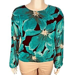 Jane Delancy Blouse Womens L Teal Abstract Floral Boxy Mesh 3/4 Bubble Sleeve